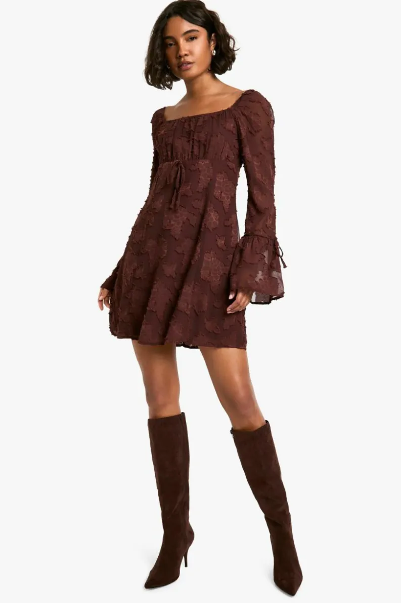 Skater Dresses*boohoo Tall Burnout Floral Flare Sleeve Shift Dress chocolate