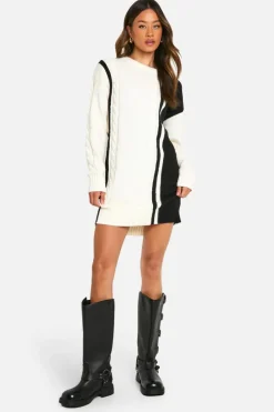 Jumper Dresses|Jumper Dresses*boohoo Tall Cable Knit Panel Detail Jumper Dress cream