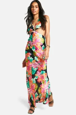 Maxi Dresses|Dresses*boohoo Tall Chiffon Jacquard Floral Cut Out Maxi Dress black