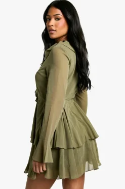 Skater Dresses*boohoo Tall Chiffon Ruffle Plunge Skater Dress olive