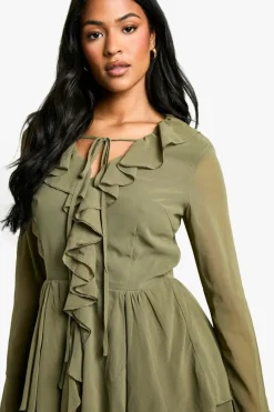 Skater Dresses*boohoo Tall Chiffon Ruffle Plunge Skater Dress olive