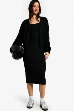 Midi Dresses|Long Sleeve Dresses*boohoo Tall Chunky Knit Dress And Cardigan Co Ord black