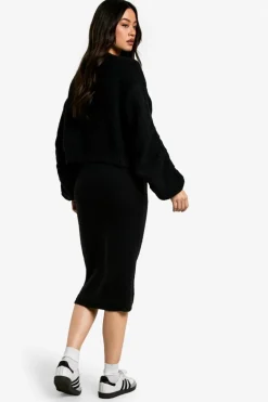 Midi Dresses|Long Sleeve Dresses*boohoo Tall Chunky Knit Dress And Cardigan Co Ord black