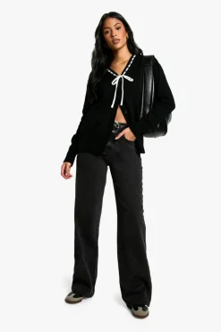 Cardigans*boohoo Tall Contrast Ribbon Knitted Cardigan black