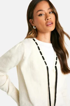 Cardigans*boohoo Tall Contrast Ribbon Knitted Cardigan ivory