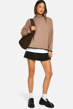 Oversized Jumpers*boohoo Tall Contrast Stitch Oversized Jumper camel