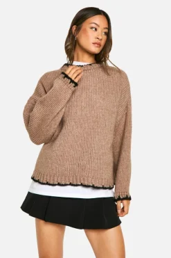 Oversized Jumpers*boohoo Tall Contrast Stitch Oversized Jumper camel
