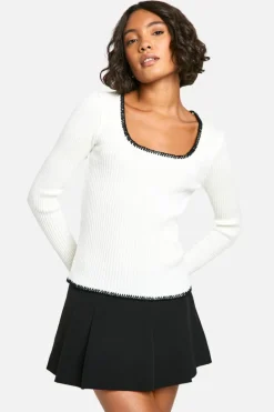 Jumpers|Jumpers & Cardigans*boohoo Tall Contrast Stitch Ribbed Jumper cream