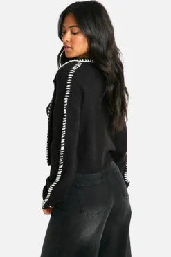 Cardigans|Knitwear*boohoo Tall Contrast Trim Knitted Crop Top And Cardigan Co-ord black