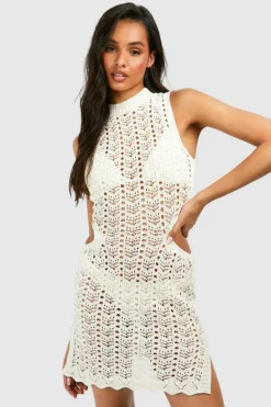 Jumper Dresses|Jumper Dresses*boohoo Tall Crochet Cut Out Detail Mini Dress stone