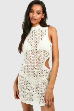 Jumper Dresses|Jumper Dresses*boohoo Tall Crochet Cut Out Detail Mini Dress stone