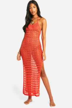 Jumper Dresses|Jumper Dresses*boohoo Tall Crochet Knitted Halterneck Beach Midaxi Dress red