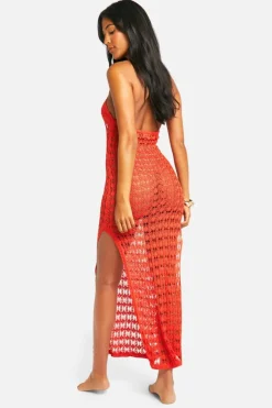 Jumper Dresses|Jumper Dresses*boohoo Tall Crochet Knitted Halterneck Beach Midaxi Dress red