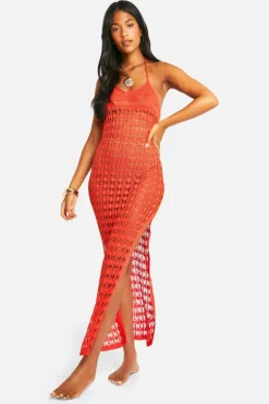 Jumper Dresses|Jumper Dresses*boohoo Tall Crochet Knitted Halterneck Beach Midaxi Dress red