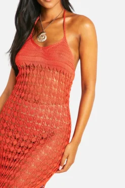 Jumper Dresses|Jumper Dresses*boohoo Tall Crochet Knitted Halterneck Beach Midaxi Dress red