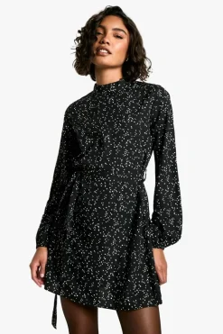 Skater Dresses*boohoo Tall Ditsy Spot Print Belted Skater Dress black