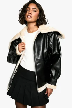 Up To 80% Off Winter Warmers|Aviator Jackets*boohoo Tall Faux Fur Collar Leather Jacket black