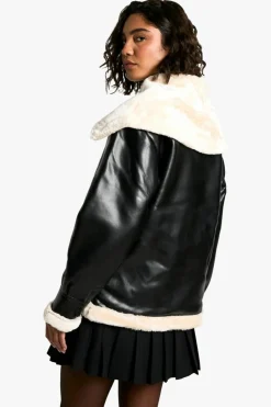 Up To 80% Off Winter Warmers|Aviator Jackets*boohoo Tall Faux Fur Collar Leather Jacket black