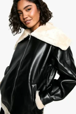 Up To 80% Off Winter Warmers|Aviator Jackets*boohoo Tall Faux Fur Collar Leather Jacket black