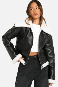 Up To 80% Off Winter Warmers|Aviator Jackets*boohoo Tall Faux Fur Lined Leather Jacket black