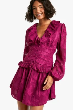 Skater Dresses|Mini Dresses*boohoo Tall Floral Burnout Ruffle Plunge Ruched Skater Dress plum