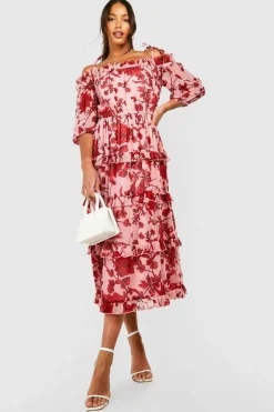 Midi Dresses*boohoo Tall Floral Dobby Cold Shoulder Tiered Midi Skater Dress pink