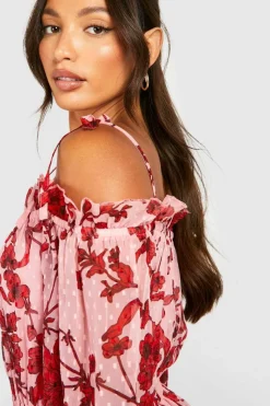 Midi Dresses*boohoo Tall Floral Dobby Cold Shoulder Tiered Midi Skater Dress pink