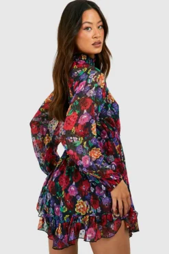 Smock Dresses*boohoo Tall Floral Print Chiffon High Neck Smock Dress black