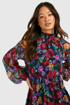 Smock Dresses*boohoo Tall Floral Print Chiffon High Neck Smock Dress black