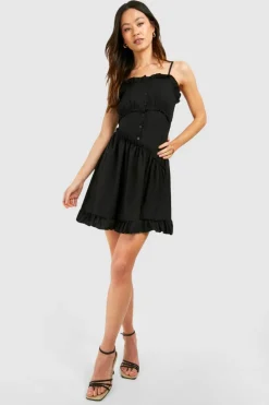 Smock Dresses*boohoo Tall Frill Detail Button Up Dress black