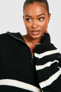 Jumper Dresses|Jumper Dresses*boohoo Tall Half Zip Striped Jumper Dress black