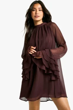 Smock Dresses|Mini Dresses*boohoo Tall High Neck Volume Sleeve Chiffon Smock Dress plum