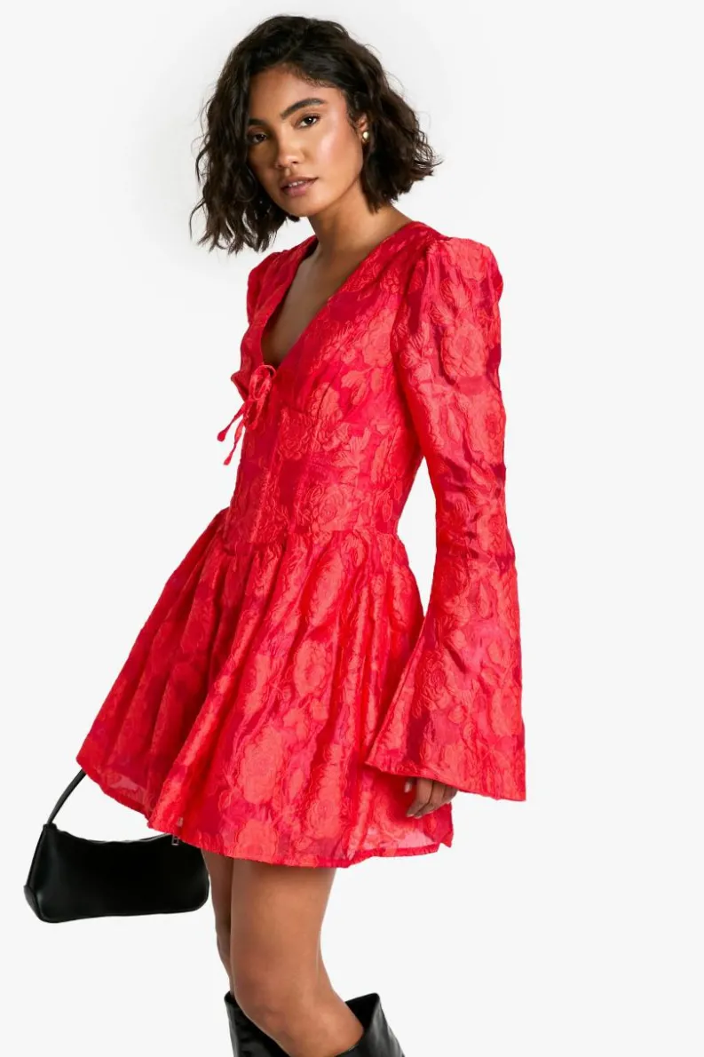 Skater Dresses*boohoo Tall Jacquard Floral Corset Detail Skater Dress red
