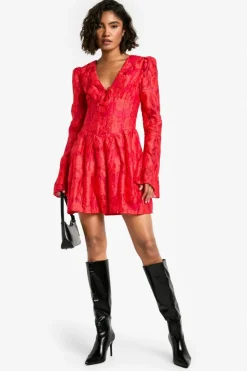 Skater Dresses*boohoo Tall Jacquard Floral Corset Detail Skater Dress red