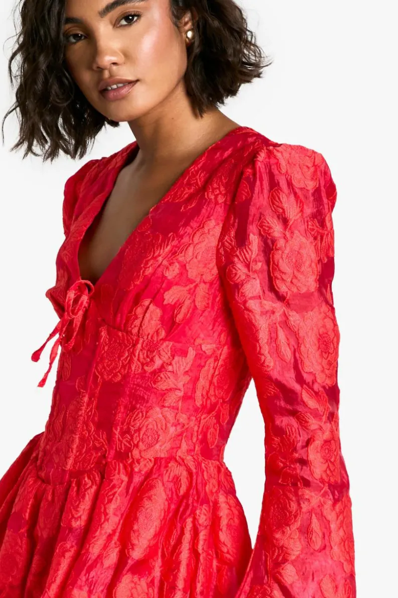 Skater Dresses*boohoo Tall Jacquard Floral Corset Detail Skater Dress red
