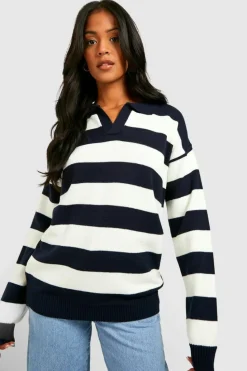 Oversized Jumpers*boohoo Tall Knitted Stripe Collard Oversized Jumper navy