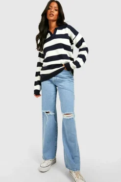 Oversized Jumpers*boohoo Tall Knitted Stripe Collard Oversized Jumper navy