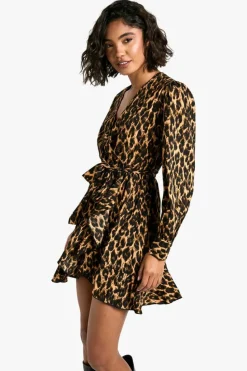 Wrap Dresses|Mini Dresses*boohoo Tall Leopard Print Ruffle Woven Wrap Dress animal