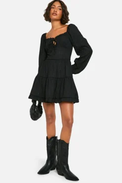 Smock Dresses*boohoo Tall Long Sleeve Textured Frill Smock Dress black
