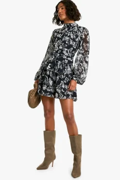 Skater Dresses|Mini Dresses*boohoo Tall Mono Floral High Neck Skater Dress blackwhite