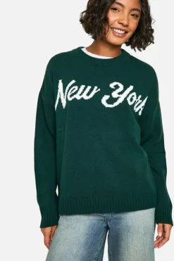 Oversized Jumpers|Jumpers*boohoo Tall New York Oversized Crew Neck Knitted Jumper bottle green
