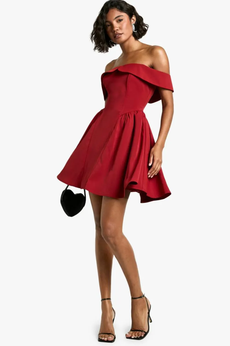 Skater Dresses*boohoo Tall Off The Shoulder Bardot Skater Dress red