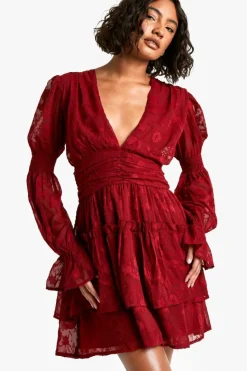 Skater Dresses*boohoo Tall Paisley Burnout Puff Sleeve Ruched Skater Dress red