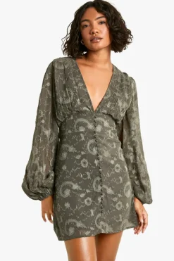 Skater Dresses*boohoo Tall Paisley Burnout Volume Sleeve Mini Dress olive