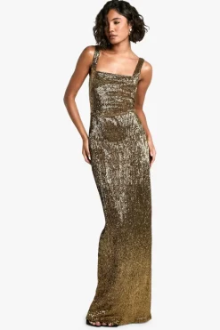 Maxi Dresses*boohoo Tall Pleated Sequin Square Neck Maxi Dress gold