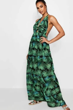 Smock Dresses*boohoo Tall Plunge Front Palm Print Maxi Dress leaf green