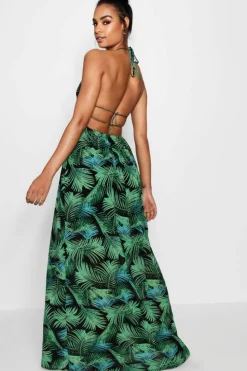 Smock Dresses*boohoo Tall Plunge Front Palm Print Maxi Dress leaf green