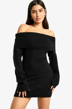 Jumper Dresses|Jumper Dresses*boohoo Tall Rib Bardot Neckline Mini Jumper Dress black