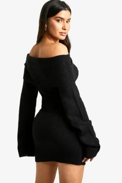 Jumper Dresses|Jumper Dresses*boohoo Tall Rib Bardot Neckline Mini Jumper Dress black