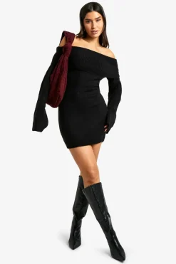 Jumper Dresses|Jumper Dresses*boohoo Tall Rib Bardot Neckline Mini Jumper Dress black